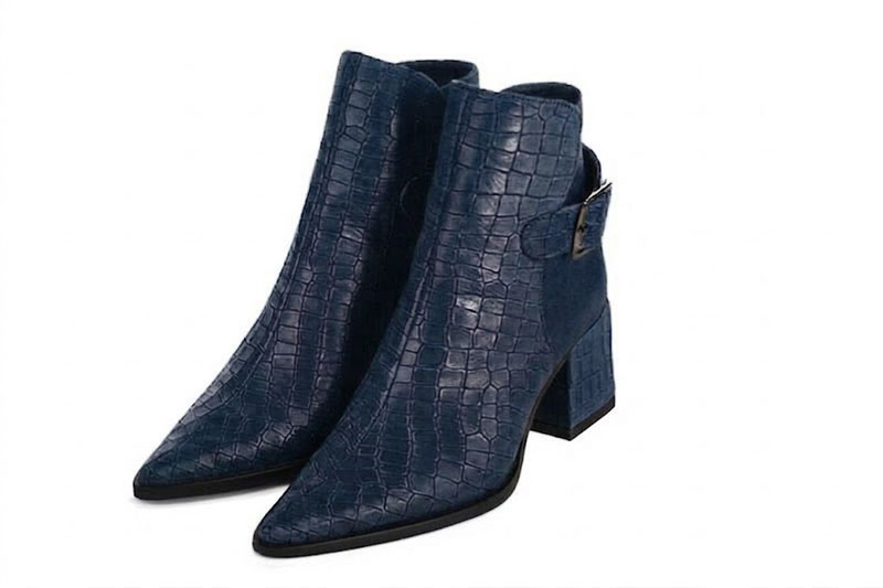 Women's navy blue back-buckle ankle boots with pointed toe and mid block heel - Front view